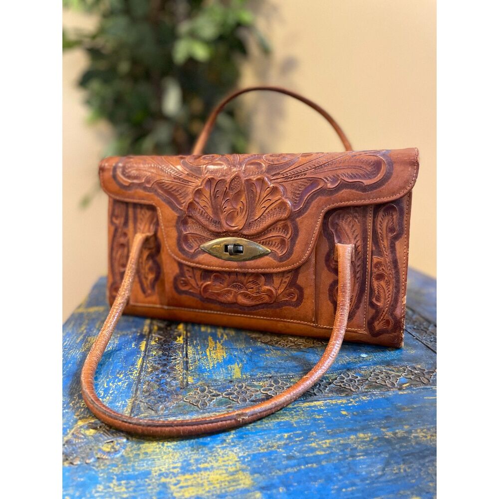 Vintage Leather Tooled  Handbag by Mike's MFG USA Western Floral Top Handle Purs